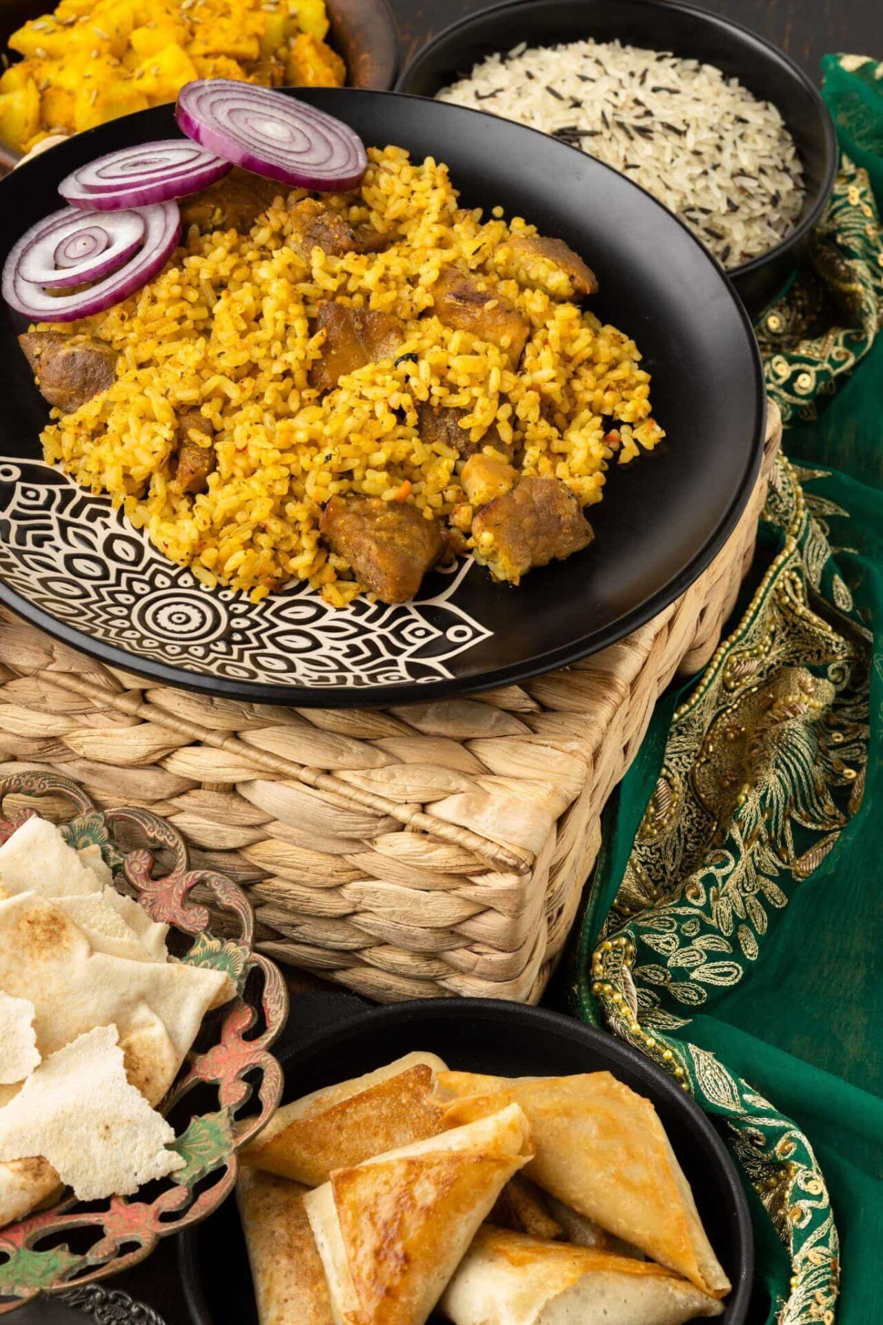 A close up of a black plate piled high with yellow seasoned rice and meat chunks topped with red onion slices, placed on a woven mat alongside samosas, flatbread, and a bowl of plain white rice.