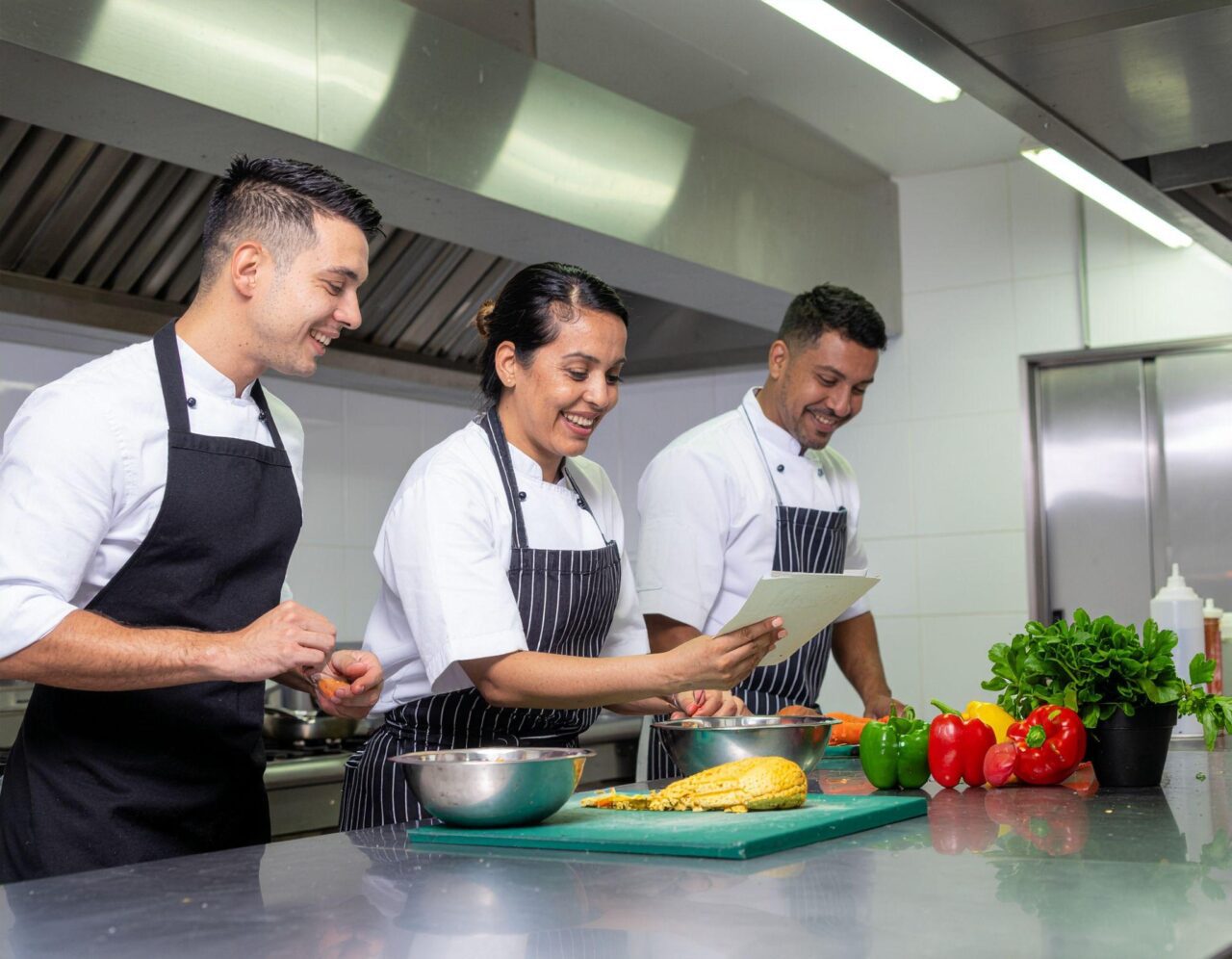 Three chefs in a commercial kitchen smiling and looking at a document together. They are standing behind a stainless steel counter prepared with fresh vegetables like bell peppers and leafy greens.
