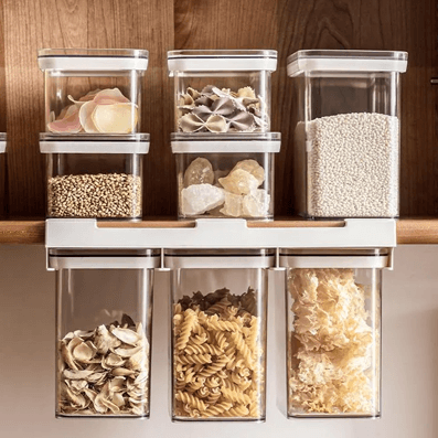 Upright Storage Shelves and Stackable Containers